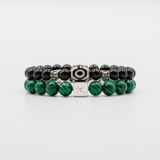 Veridian Velvet Set – Malachite Black Onyx and Dzi Stone mens bracelet stack | Stone N Luxe