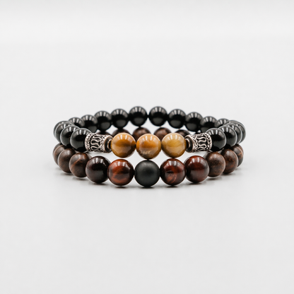Tectonic Tempo Set – Black Onyx Tiger Eye and Wood mens bracelet stack | Stone N Luxe