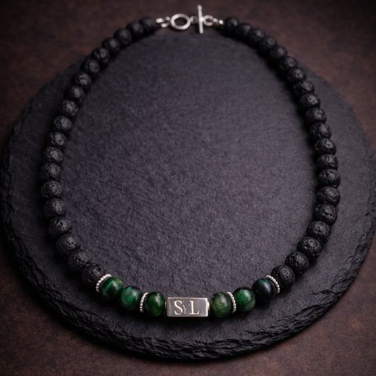 Verdant Forge Necklace – Lava Stone and Green Tiger Eye mens necklace | Stone N Luxe