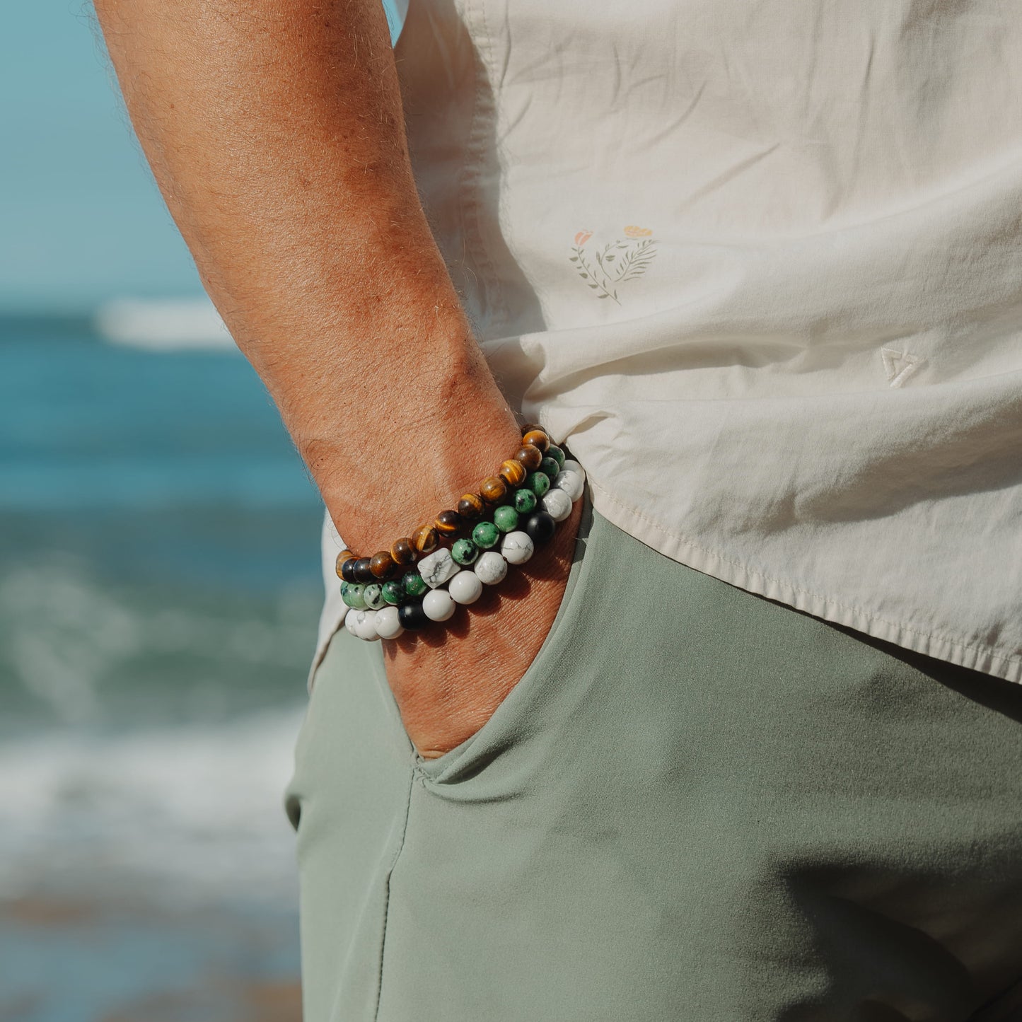 Ivory Ember Bracelet – green white and black gemstone bracelet worn on wrist | Stone N Luxe