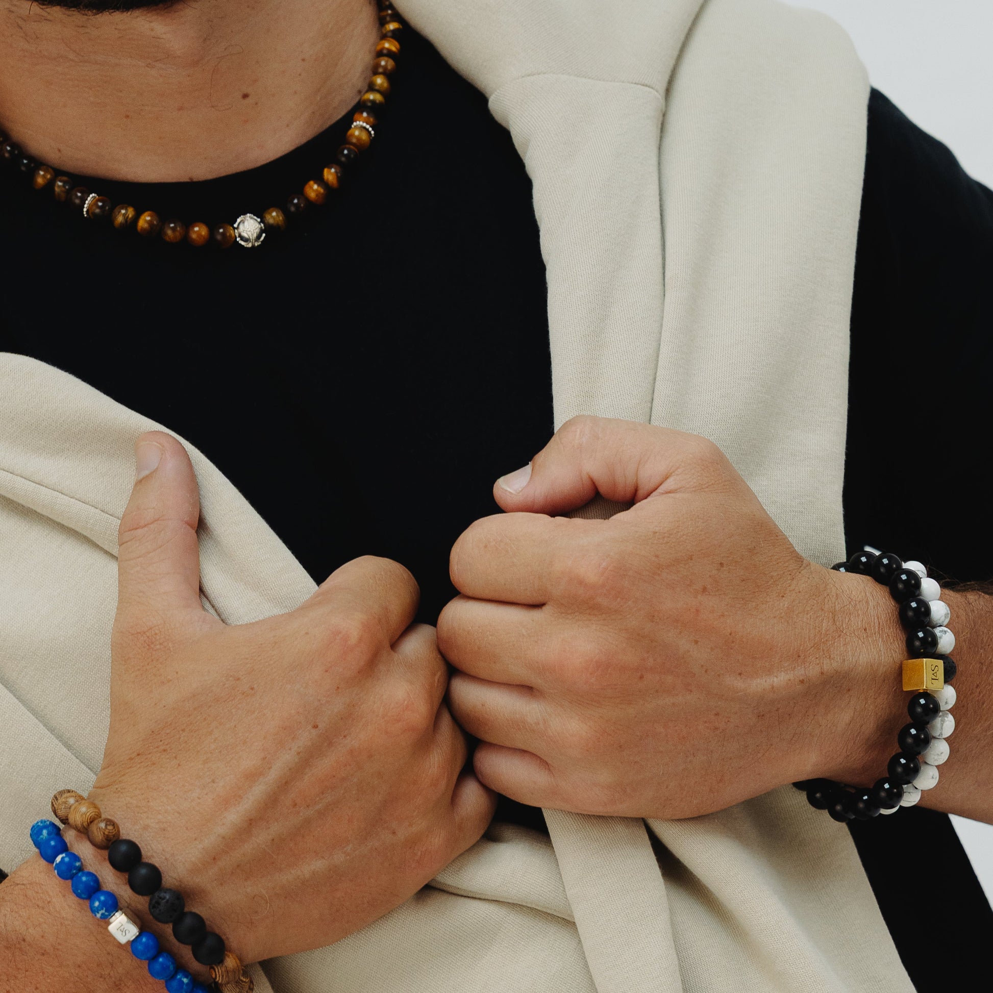Moonlit Shadows Set – white and black contrast bracelet stack worn on wrist | Stone N Luxe