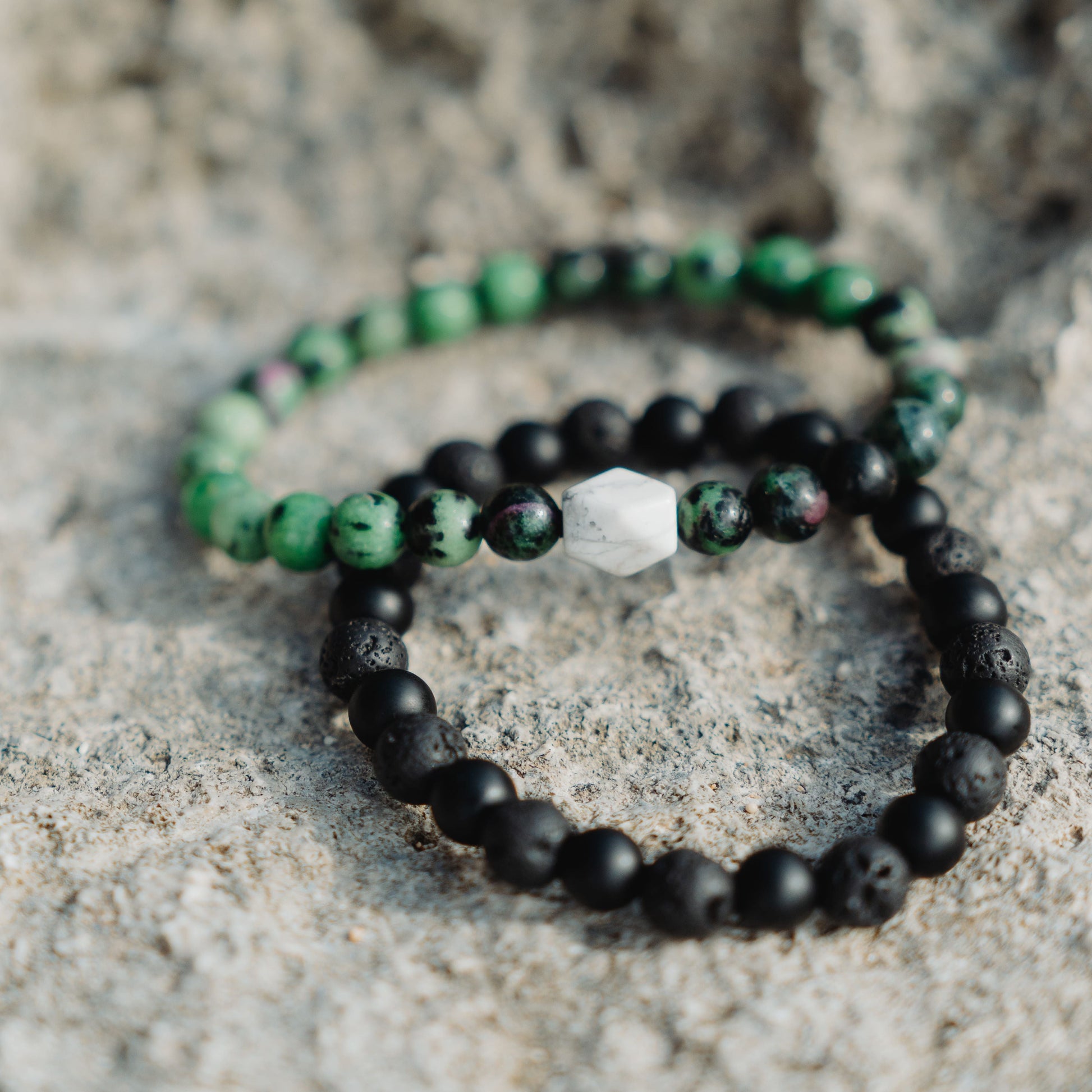Ivory Ember Bracelet – ruby zoisite howlite bracelet lifestyle shot | Stone N Luxe